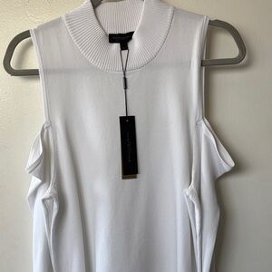 Donna Karan White Sleeveless Cold-Shoulder Ribbed Mock Neck Tank